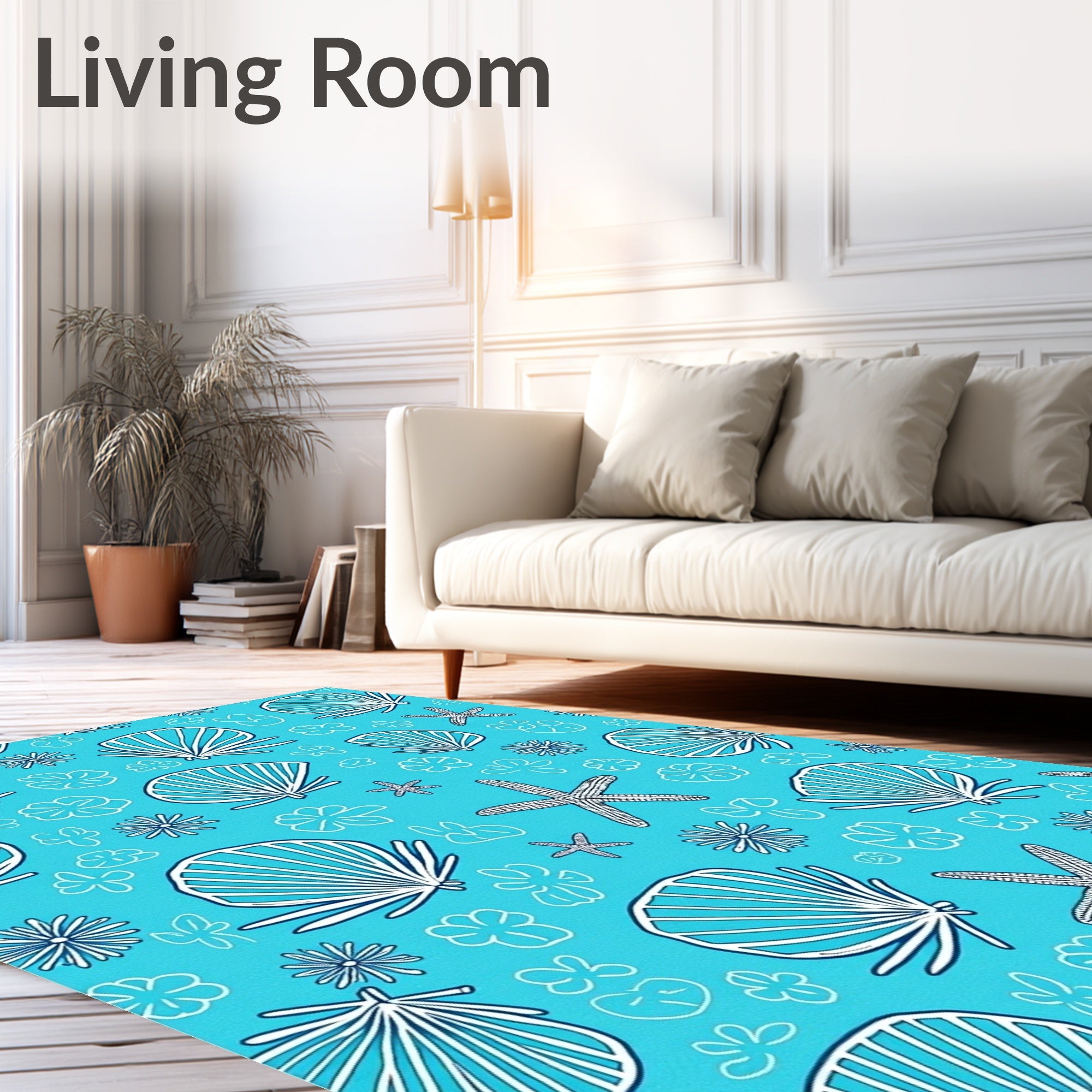 Blue Seashell Starfish Floral Collage Rug