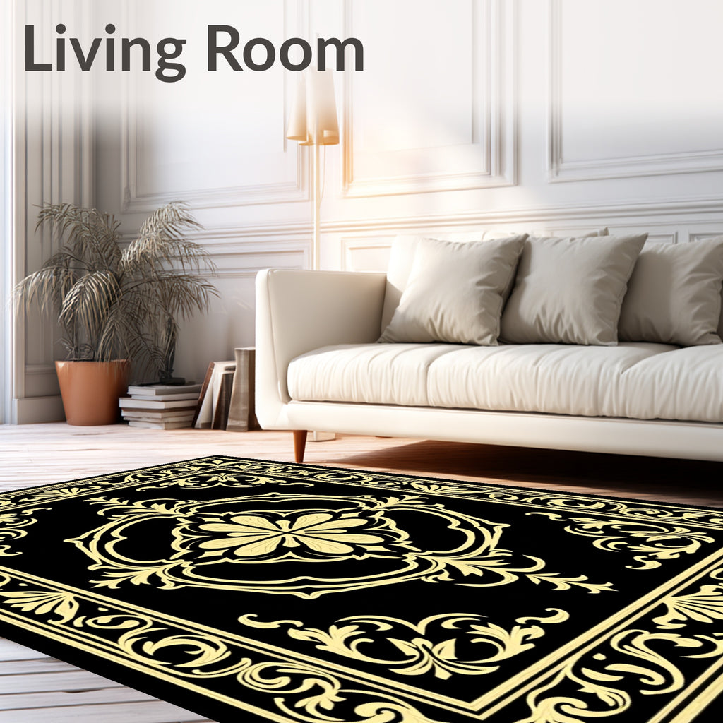Yellow Vintage Floral Scroll Border Rug