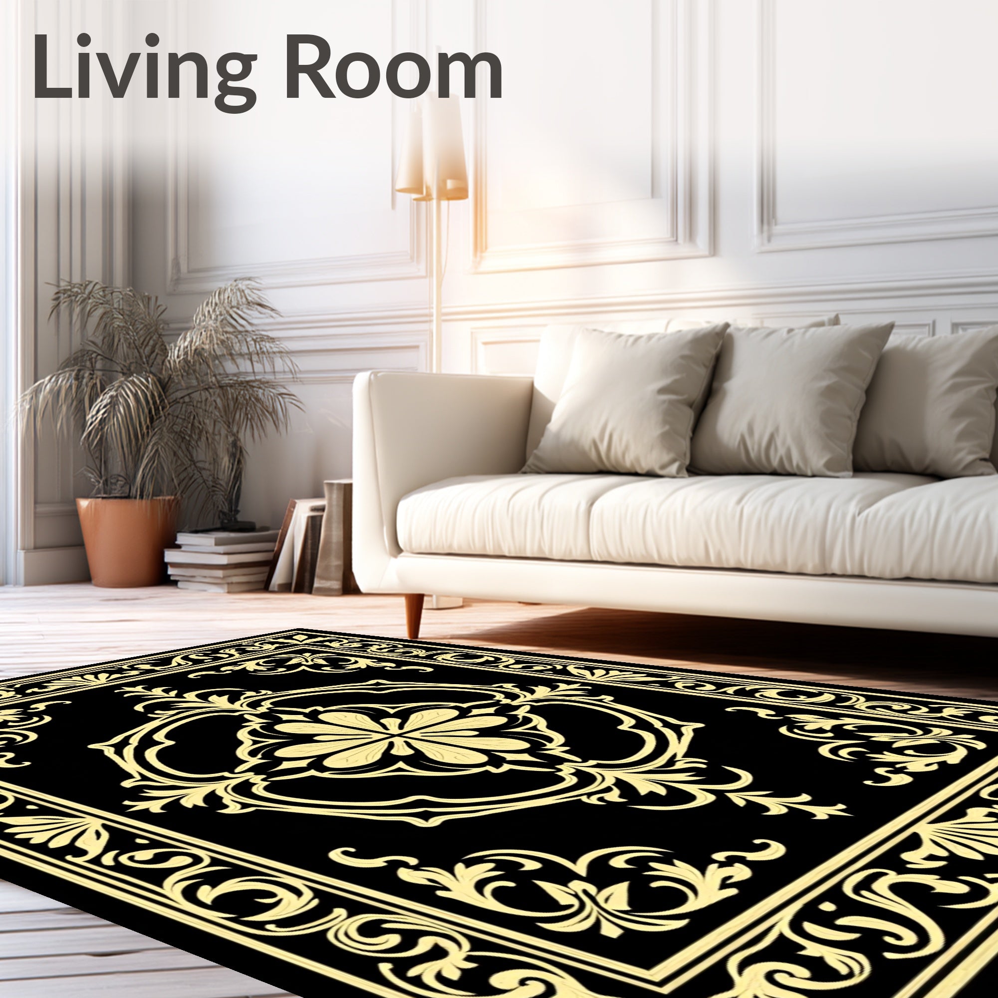 Yellow Vintage Floral Scroll Border Rug