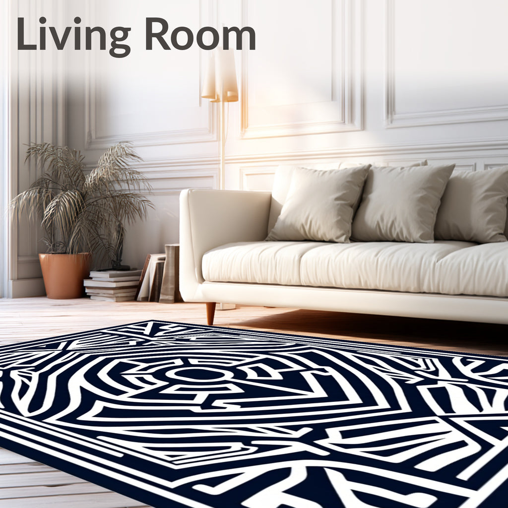 Dark Navy White Geometric Maze Rug