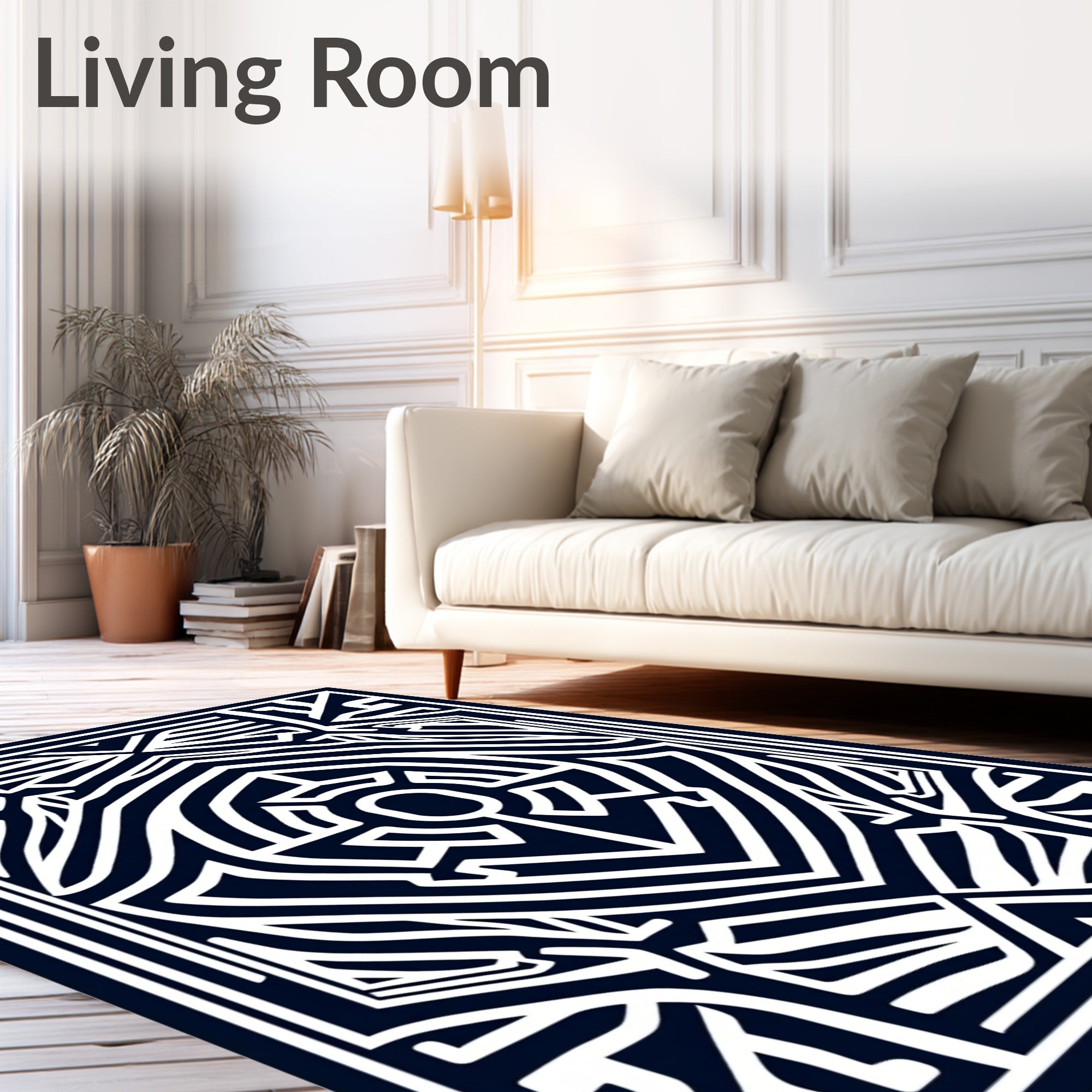 Dark Navy White Geometric Maze Rug