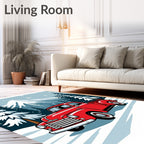 Retro Red Truck Snowy Mountain Landscape Rug