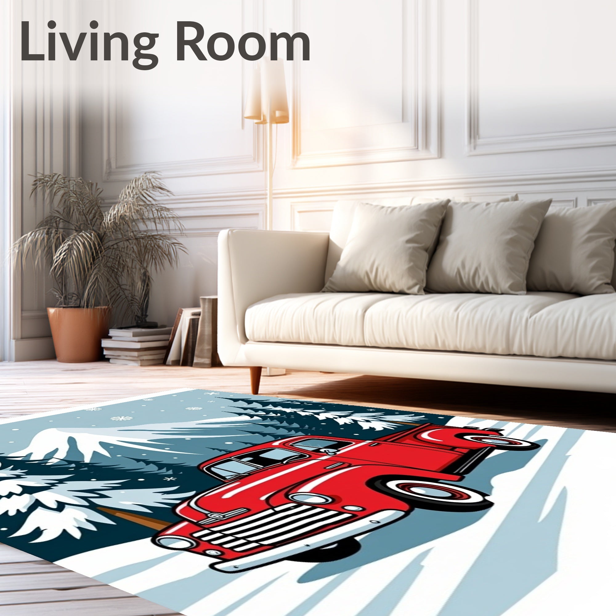 Retro Red Truck Snowy Mountain Landscape Rug