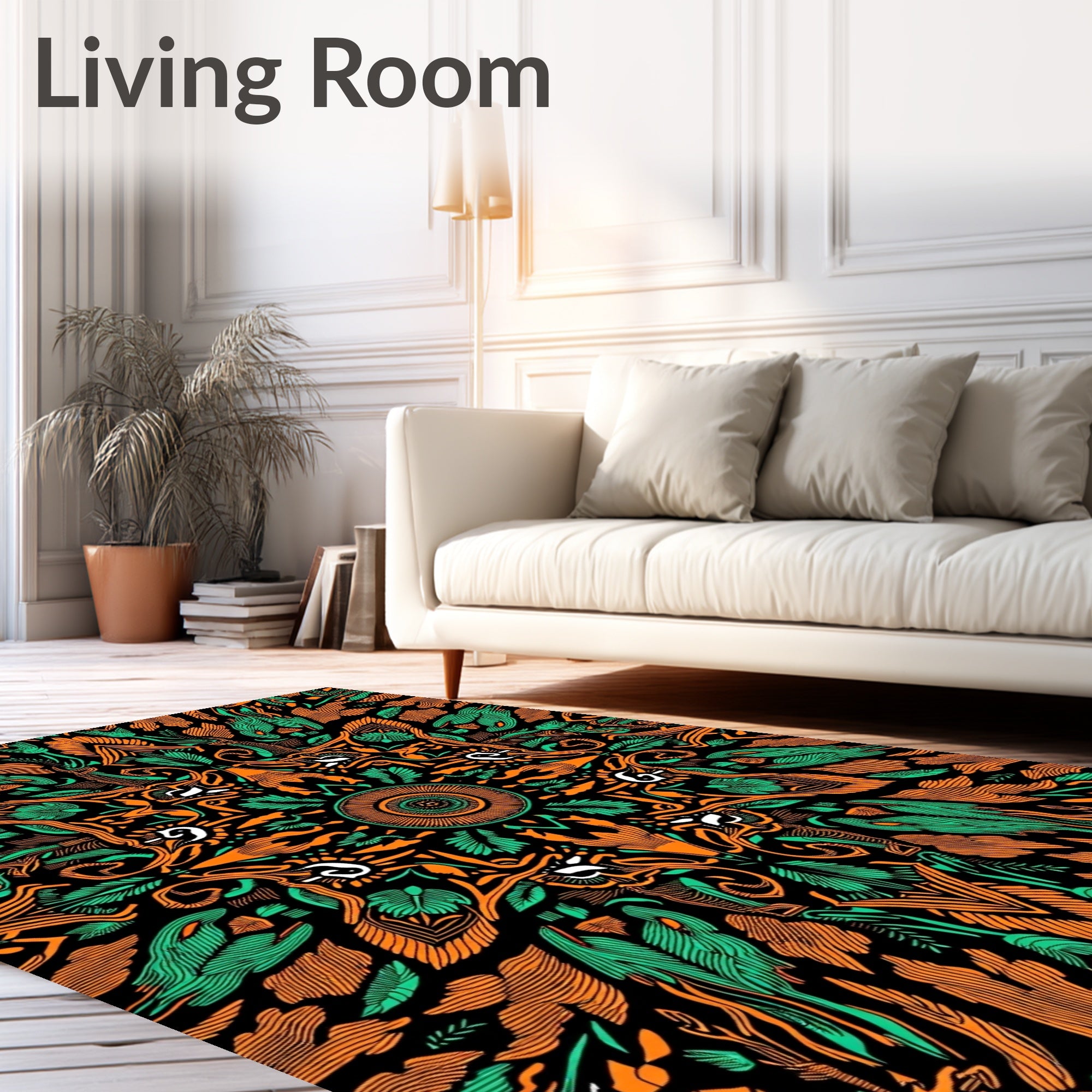 Ornate Black Orange Green Mandala Rug