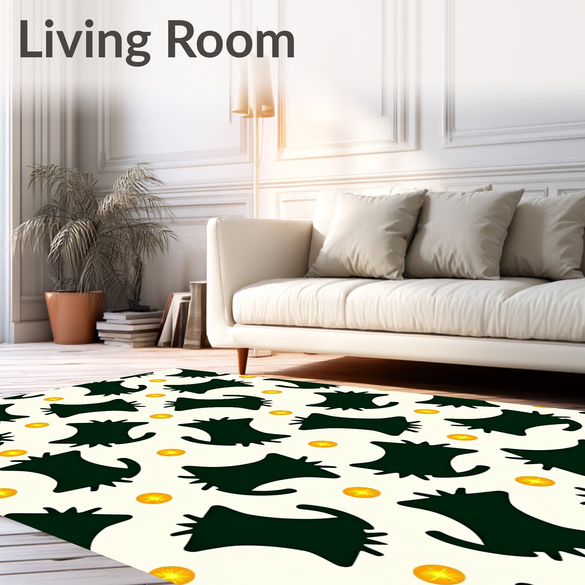 Dark Green Abstract Cats Orange Suns Rug