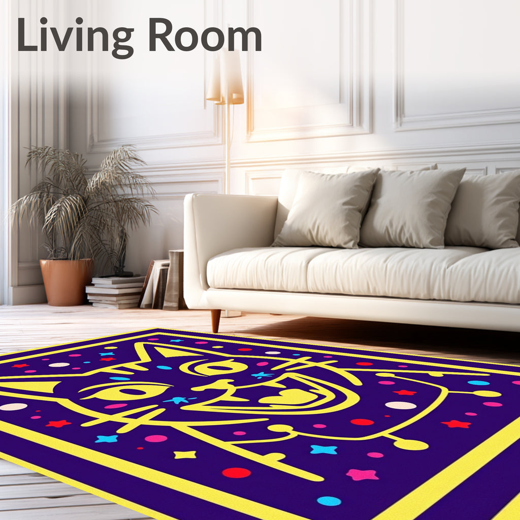 Vibrant Yellow Cat Cosmic Stars Rug