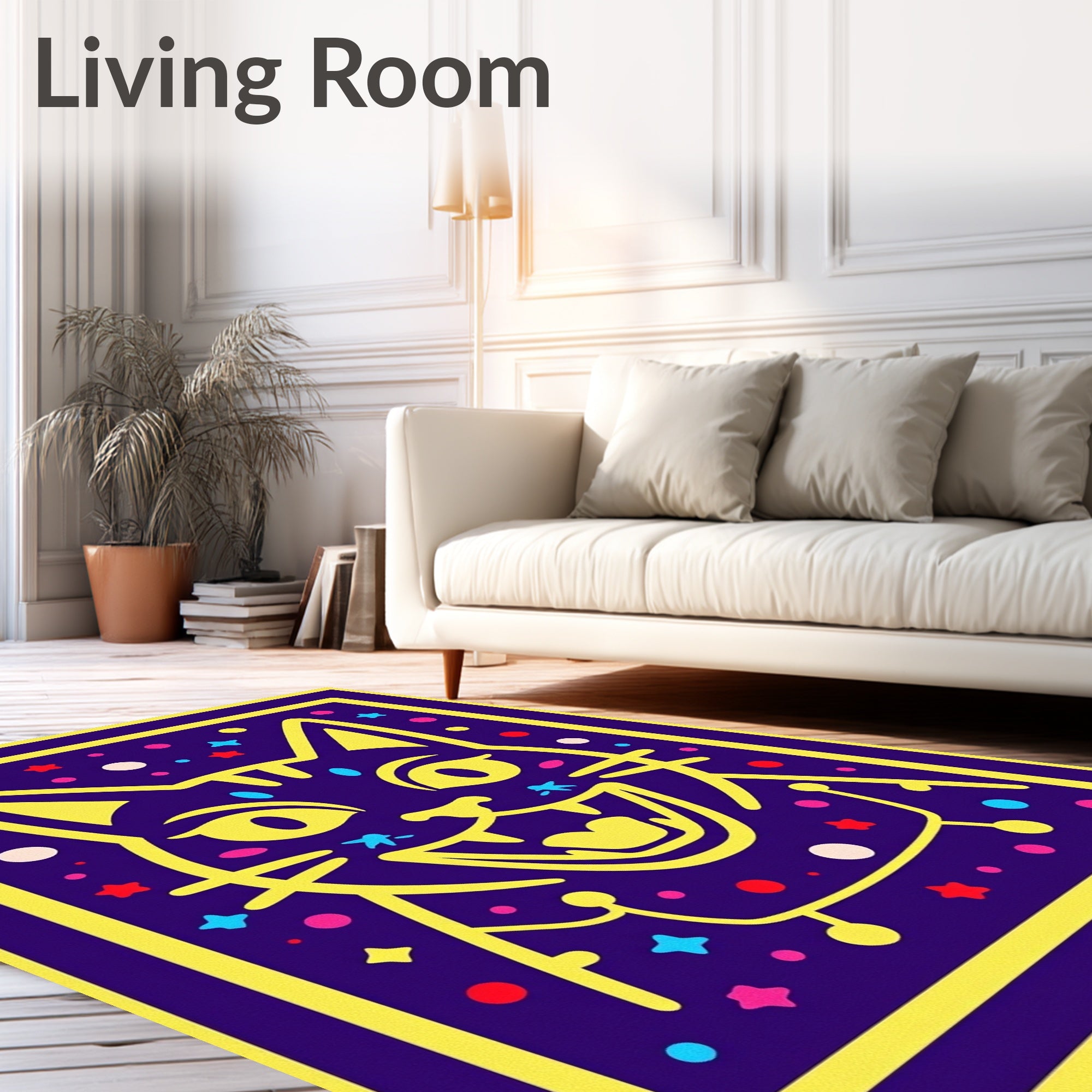 Vibrant Yellow Cat Cosmic Stars Rug
