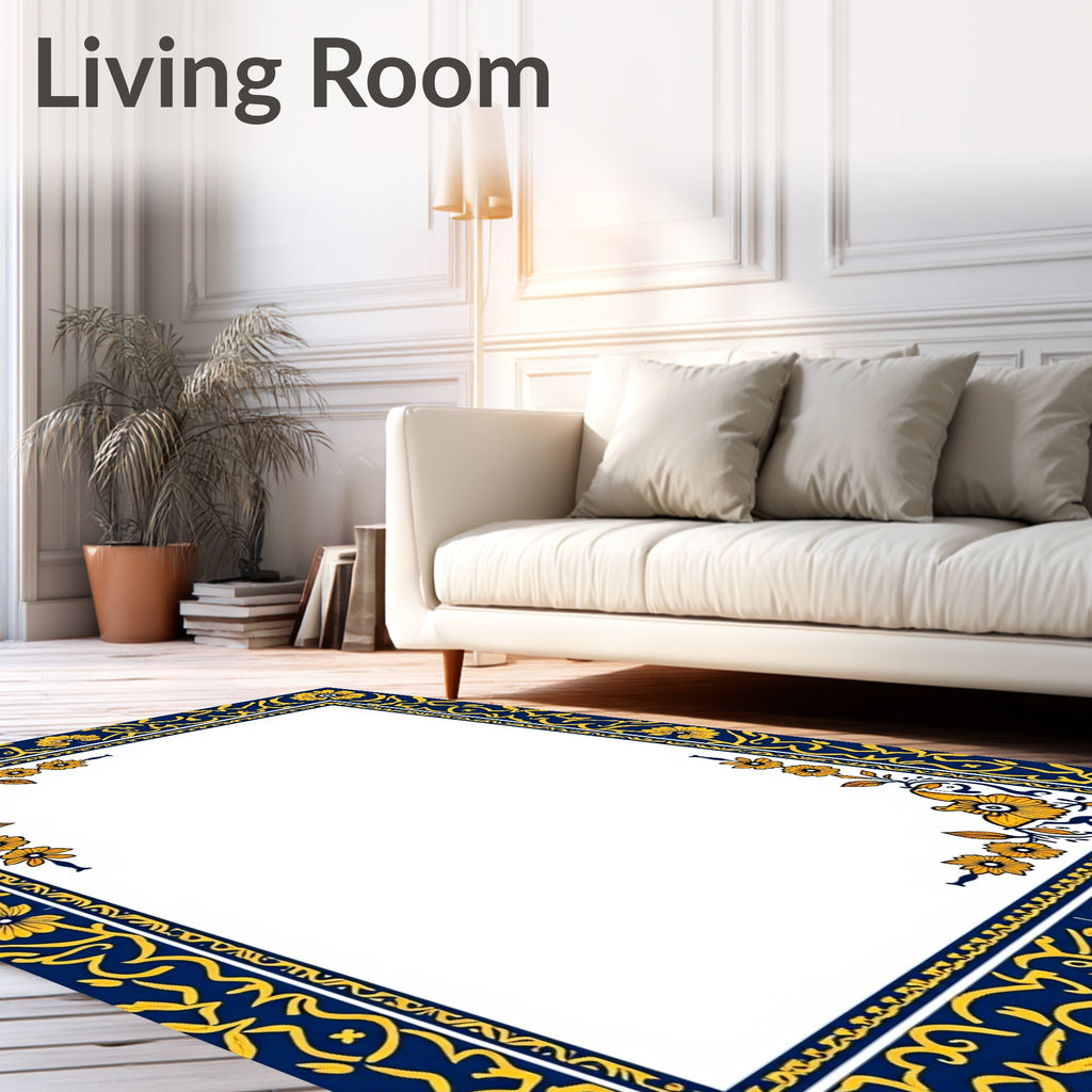 Navy Blue Golden Floral Border Rug