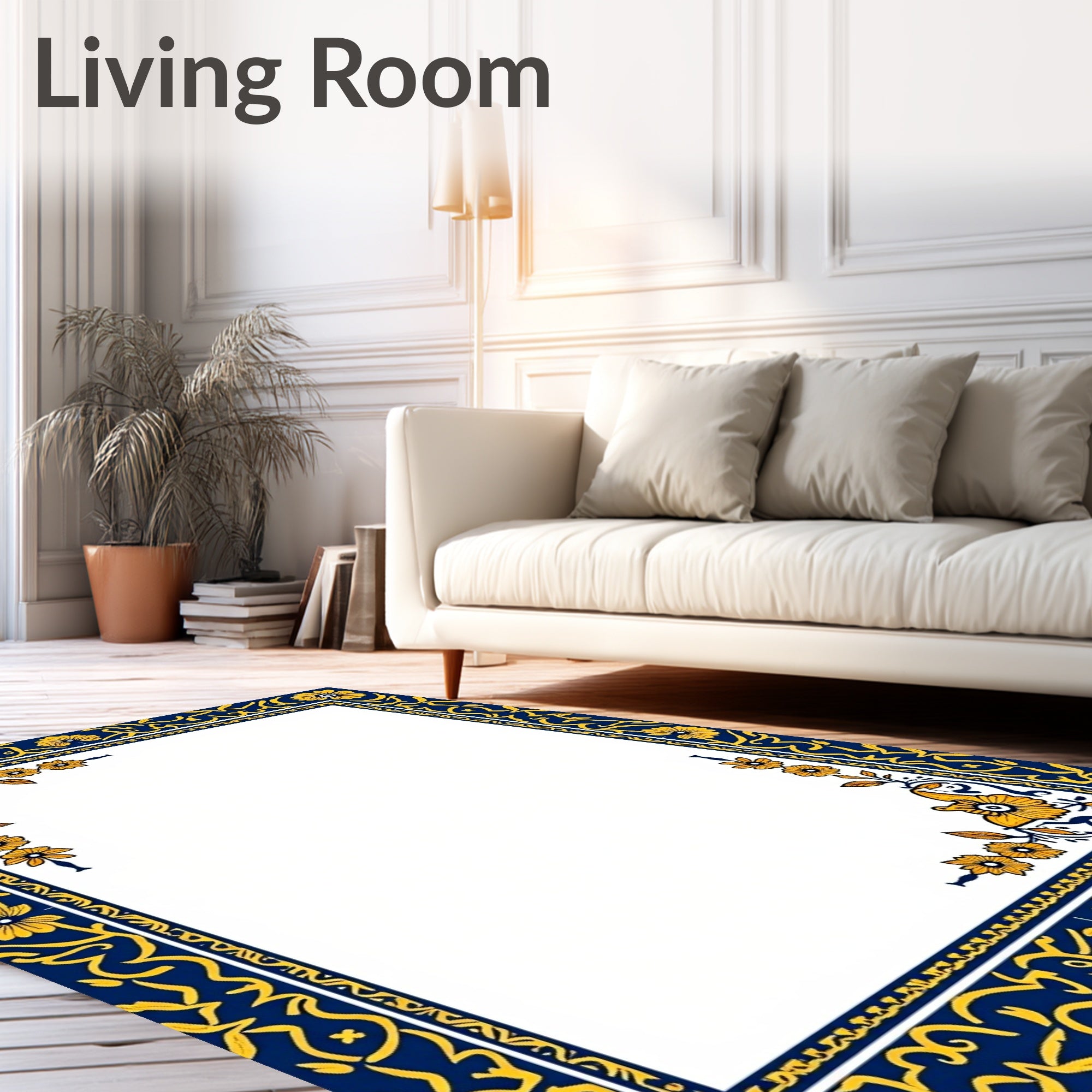 Navy Blue Golden Floral Border Rug