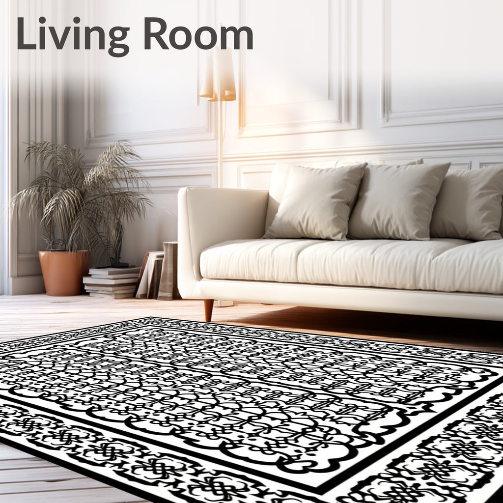 Intricate Black Geometric Lattice Rug
