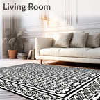 Intricate Black Geometric Lattice Rug