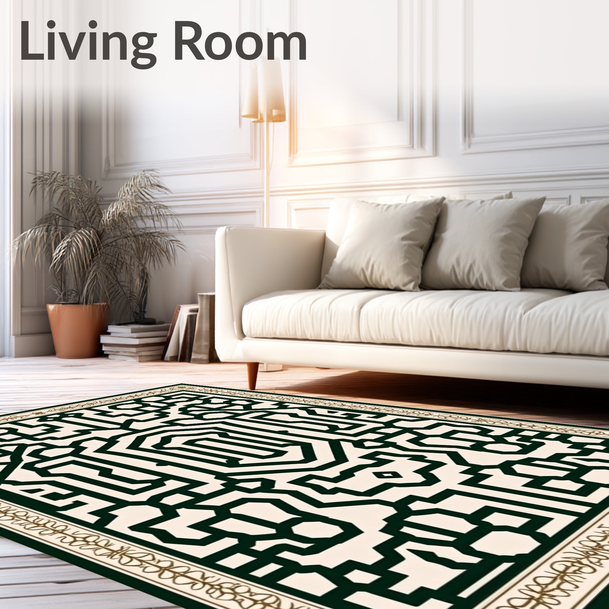 Geometric Dark Green Lattice Border Rug
