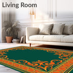 Emerald Green Golden Floral Border Swirls Rug