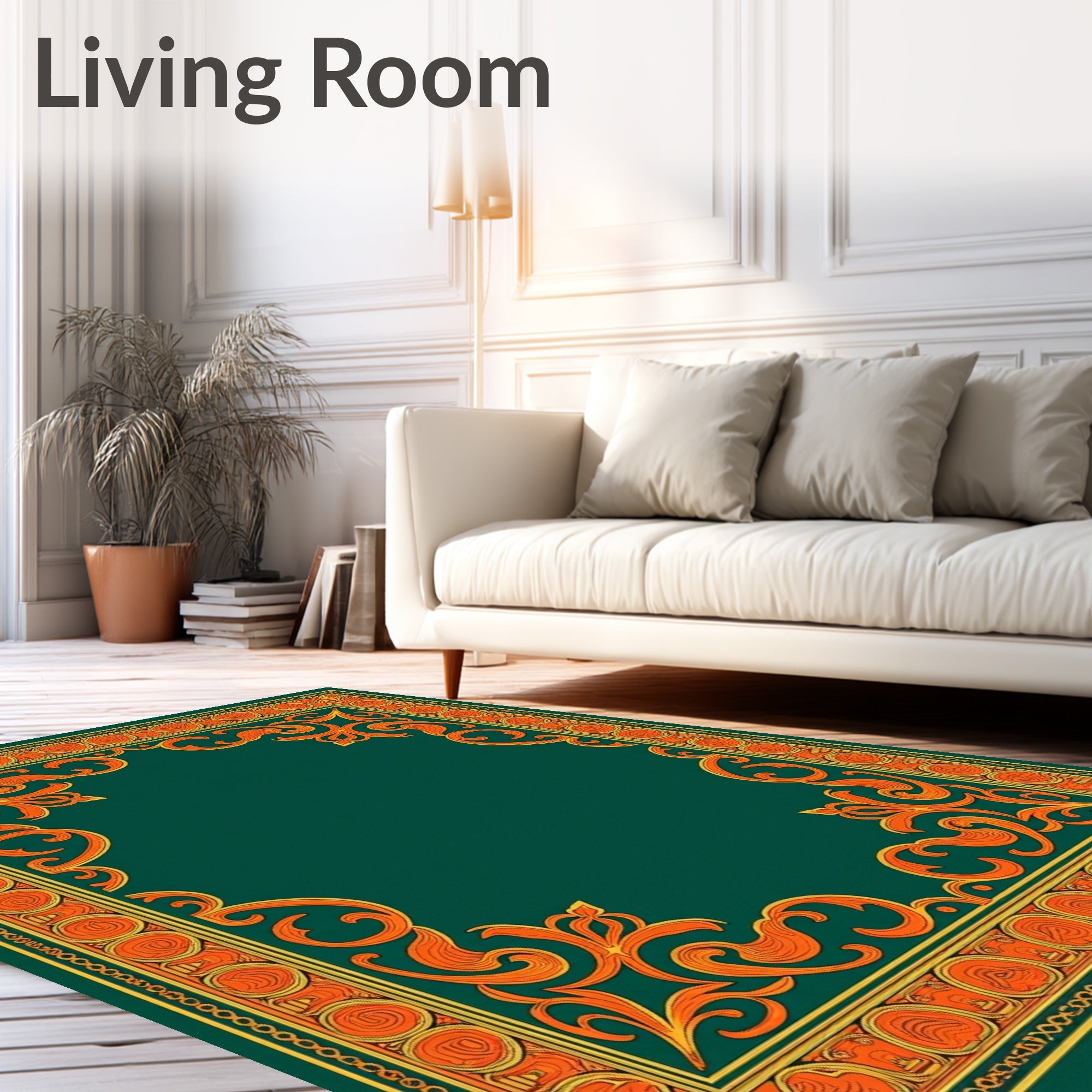 Emerald Green Golden Floral Border Swirls Rug