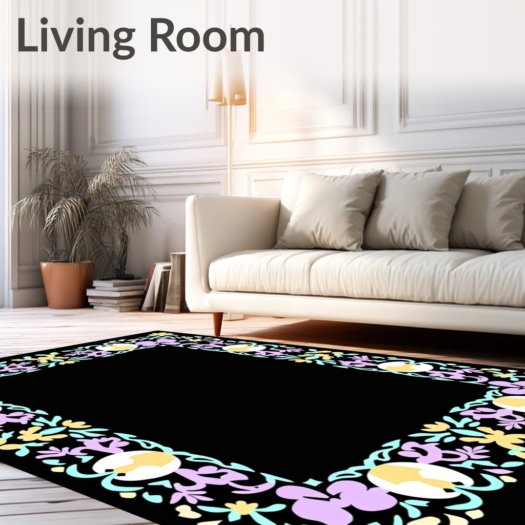 Floral Botanical Border in Pastel Hues Rug