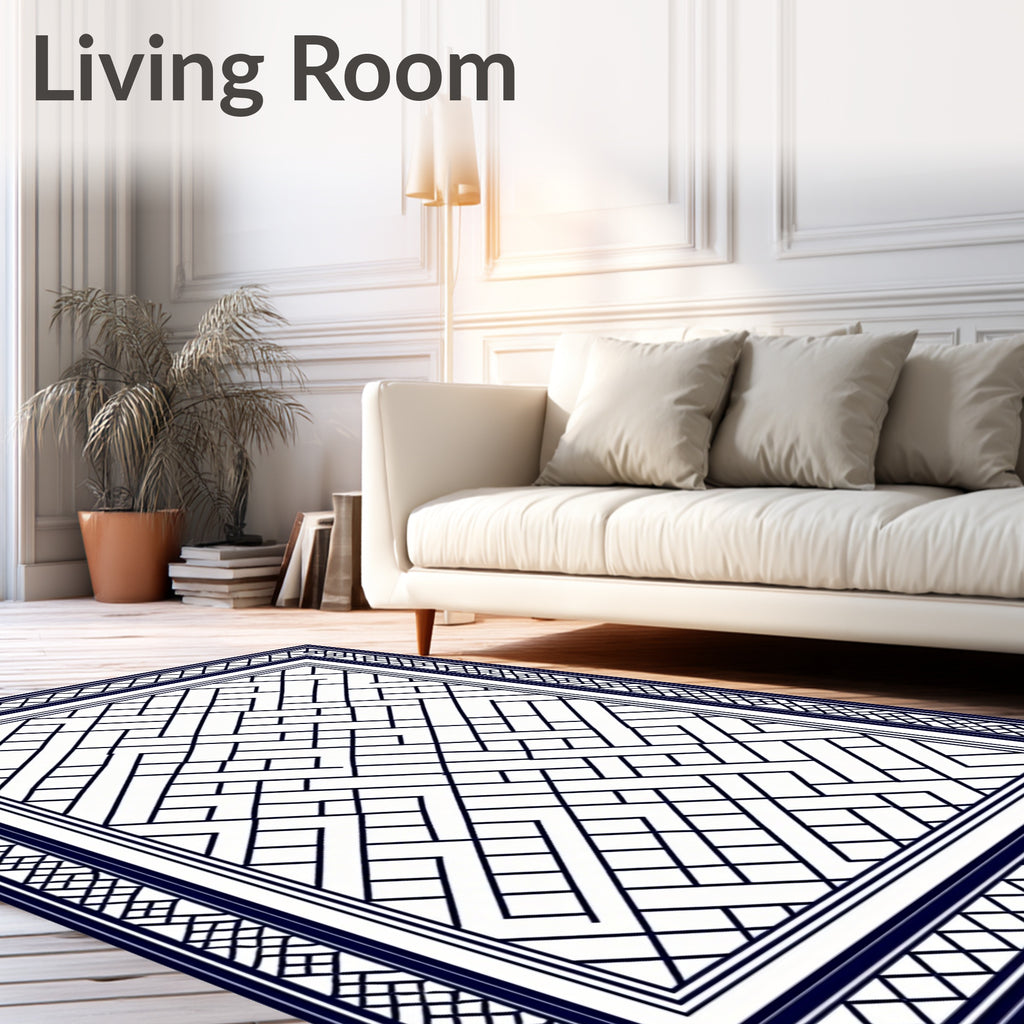 Dark Blue Lattice Geometric Border Rug