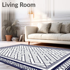 Dark Blue Lattice Geometric Border Rug