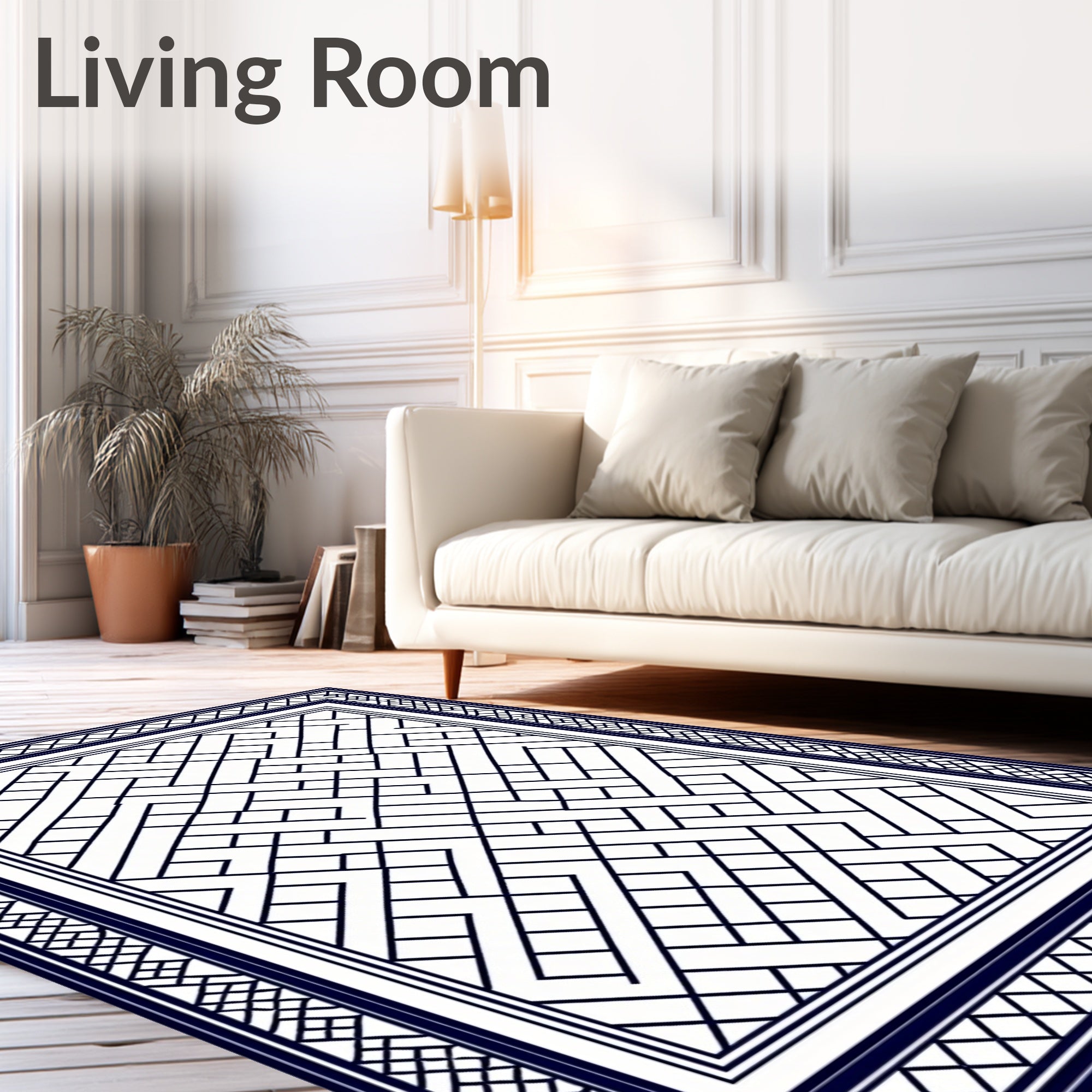 Dark Blue Lattice Geometric Border Rug