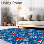 Crimson Cardinals Snowflakes Blue Rug