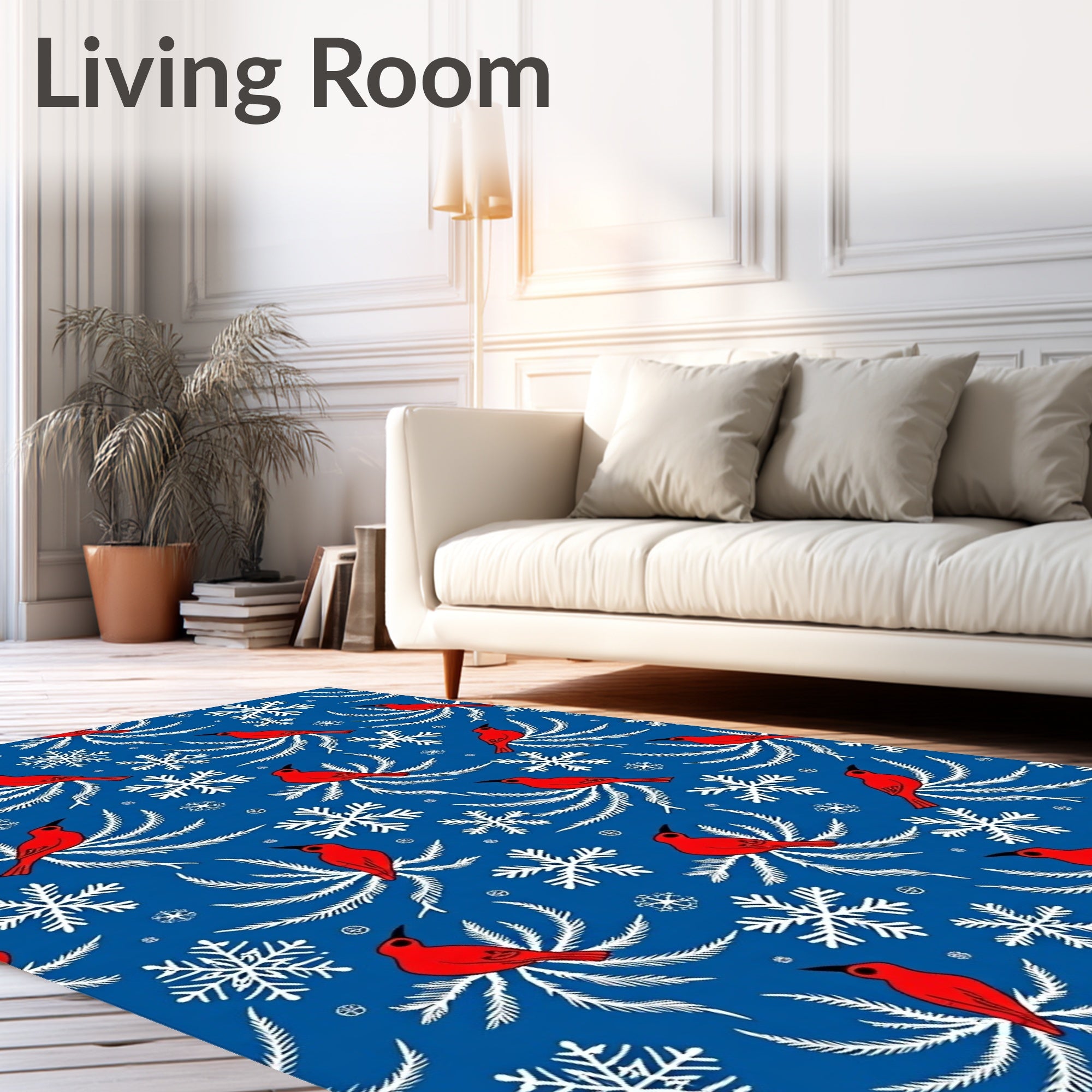 Crimson Cardinals Snowflakes Blue Rug