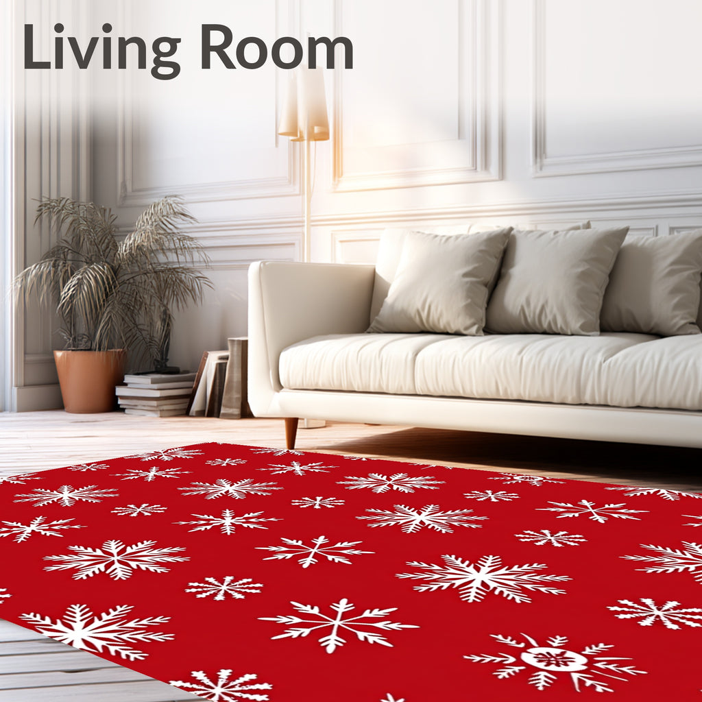 Red White Snowflake Winter Snowscape Rug