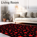 Red Star Scattered Black Background Rug