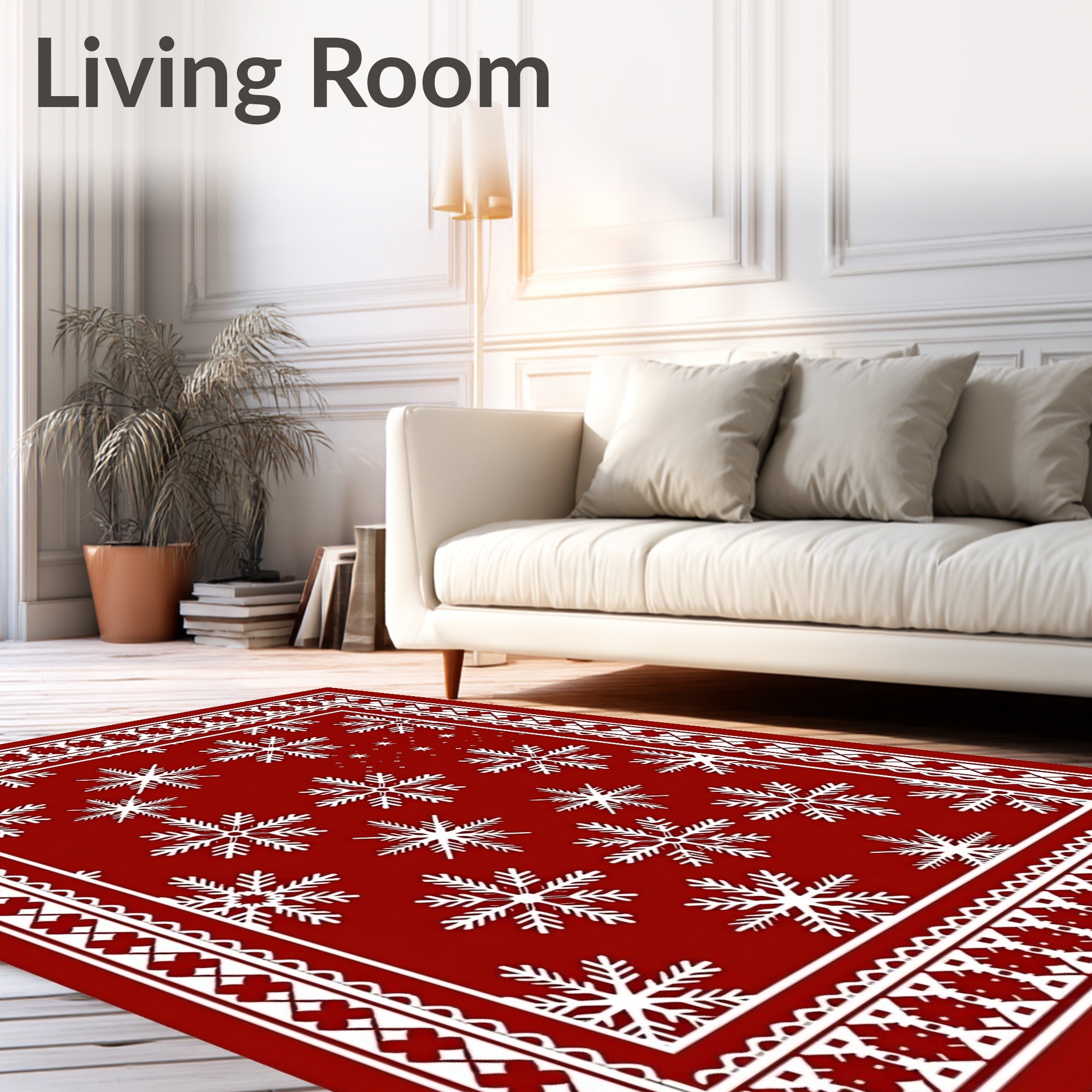 Red White Snowflake Winter Border Rug