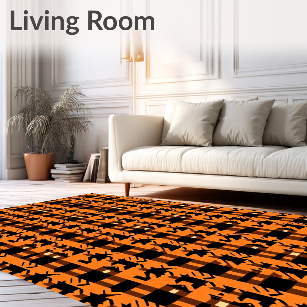 Rustic Orange Black Houndstooth Plaid Rug