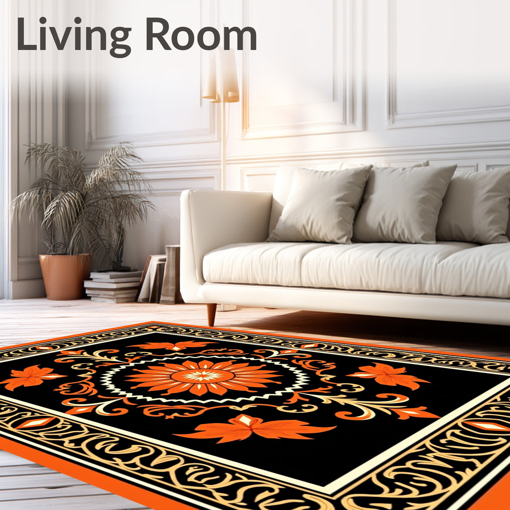 Orange Floral Sunburst Black Frame Rug