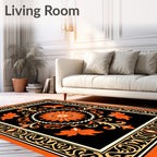 Orange Floral Sunburst Black Frame Rug