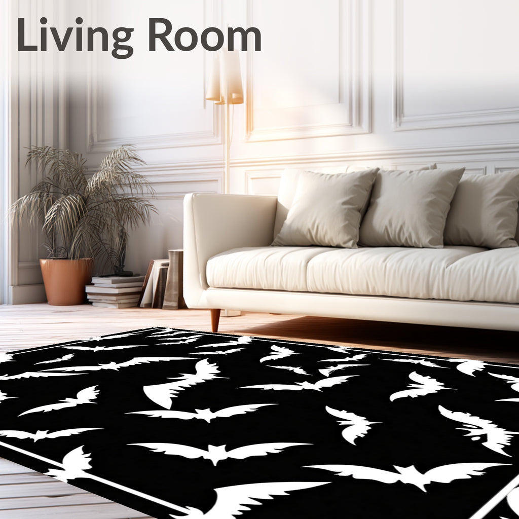 White Bats Scattered Black Night Rug