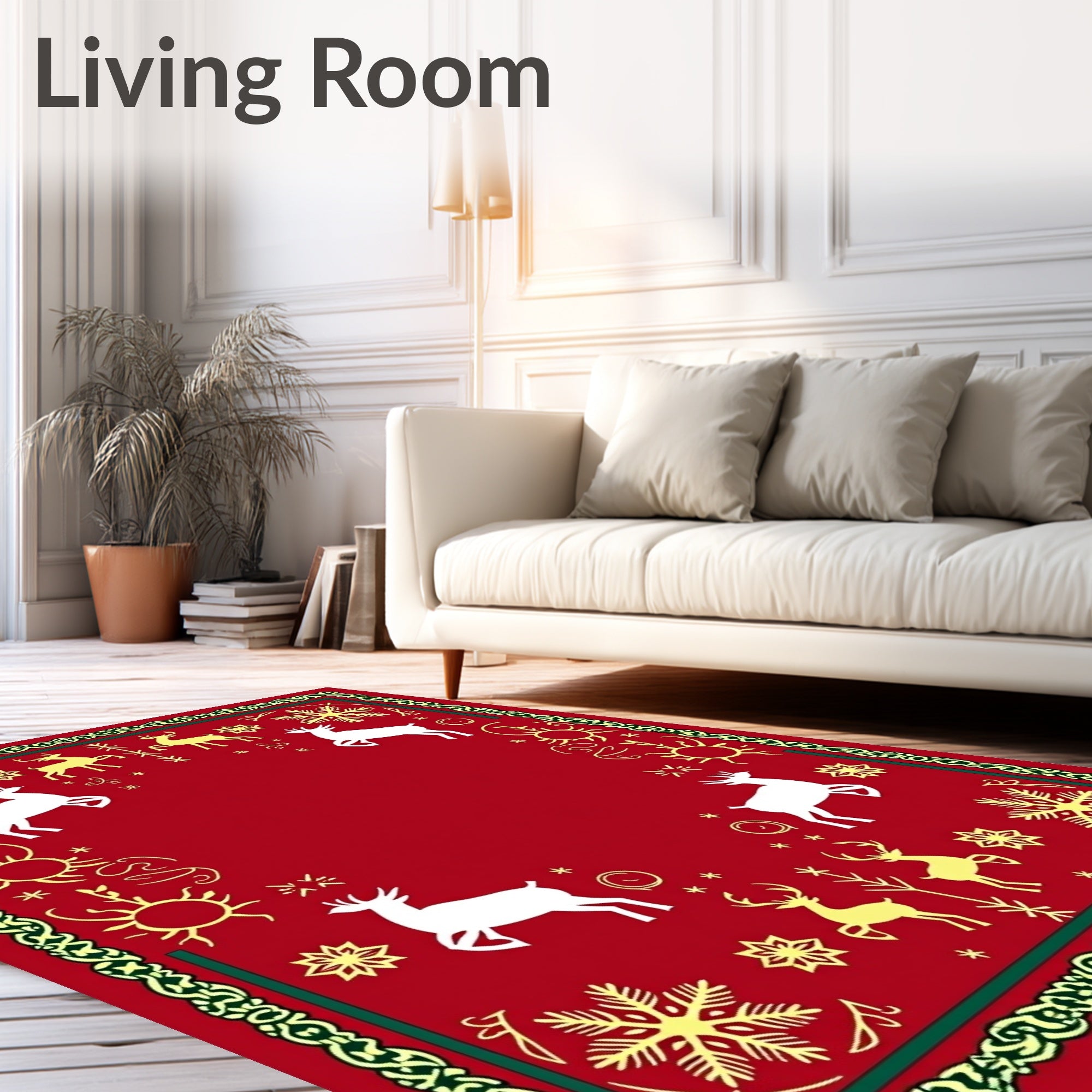 Festive Red Reindeer Snowflake Border Rug