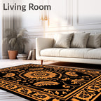 Ornate Orange Floral Mandala Black Rug