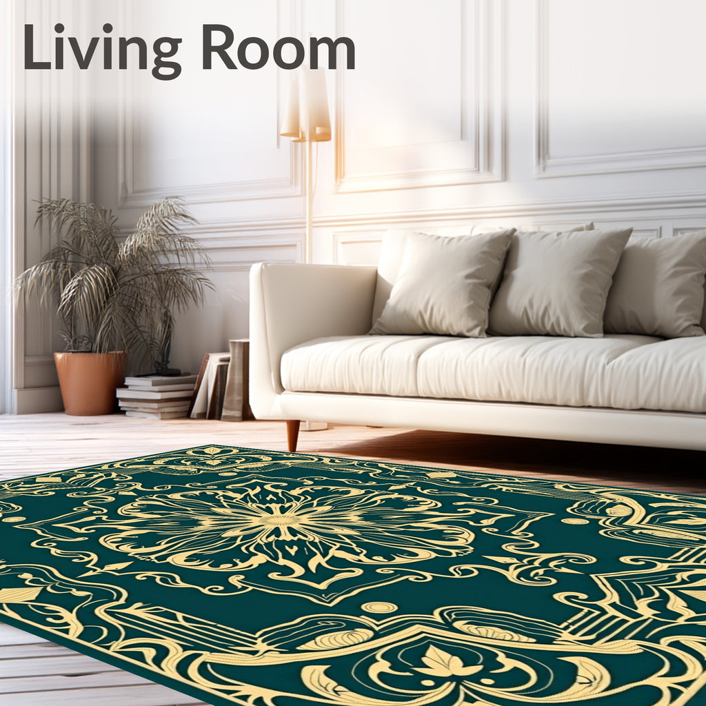 Emerald Green Golden Floral Medallion Rug