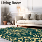Emerald Green Golden Floral Medallion Rug