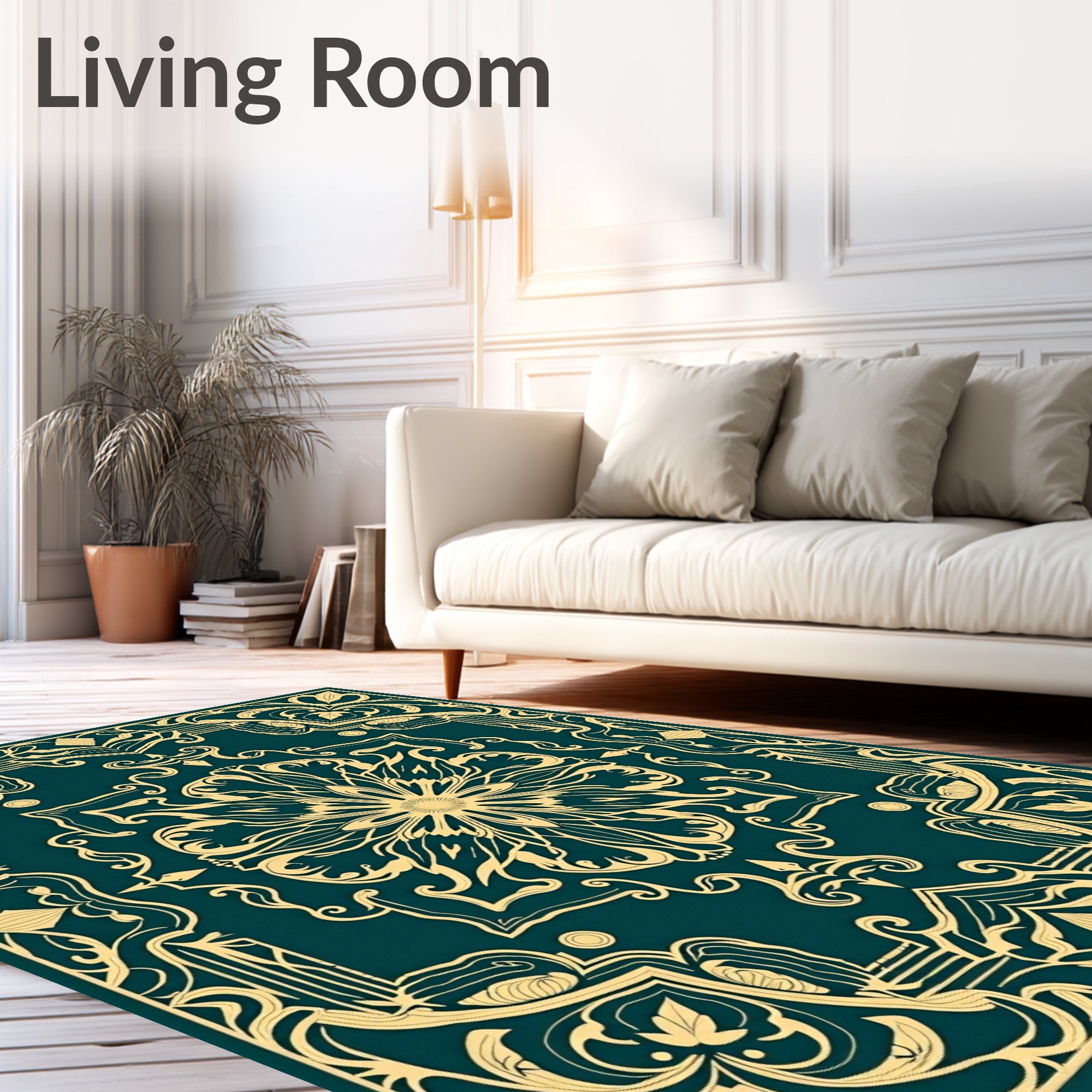 Emerald Green Golden Floral Medallion Rug