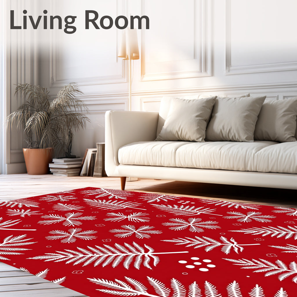 White Fern Leaf Scarlet Background Rug