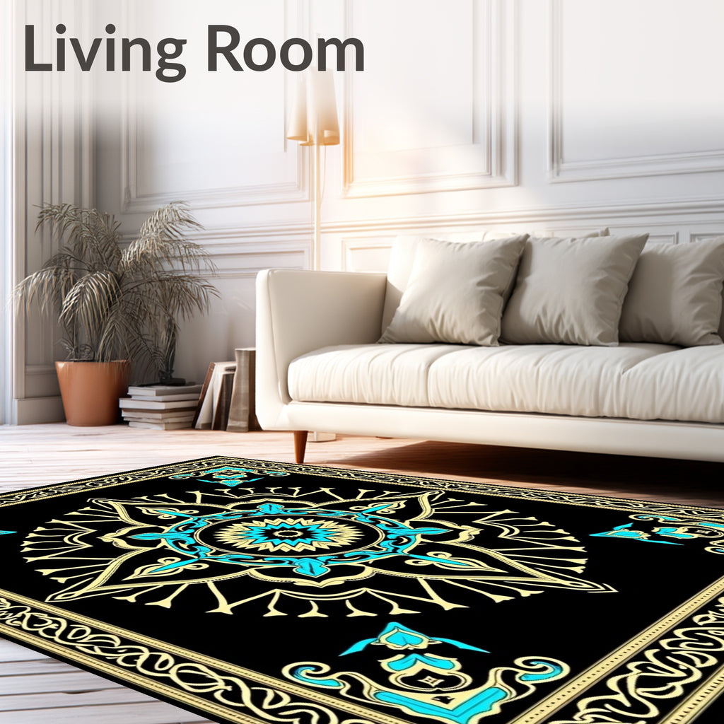 Black Teal Gold Mandala Medallion Rug