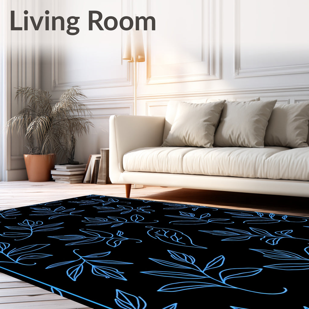 Bright Blue Leafy Branches On Black Rug