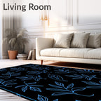 Bright Blue Leafy Branches On Black Rug