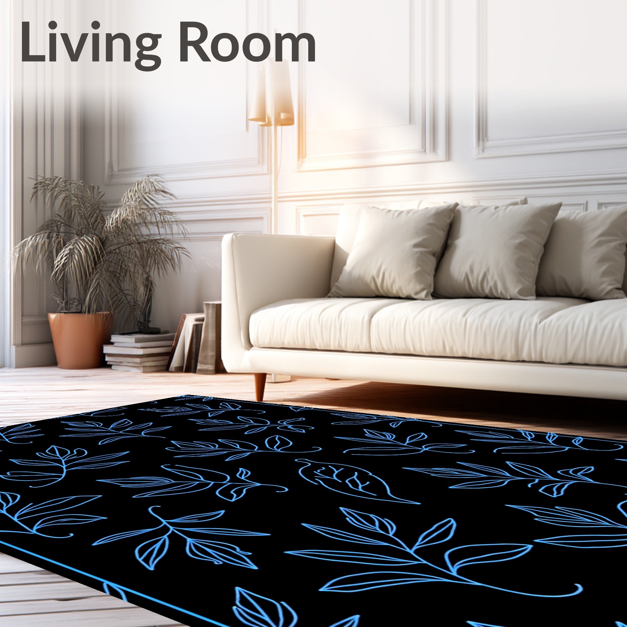 Bright Blue Leafy Branches On Black Rug