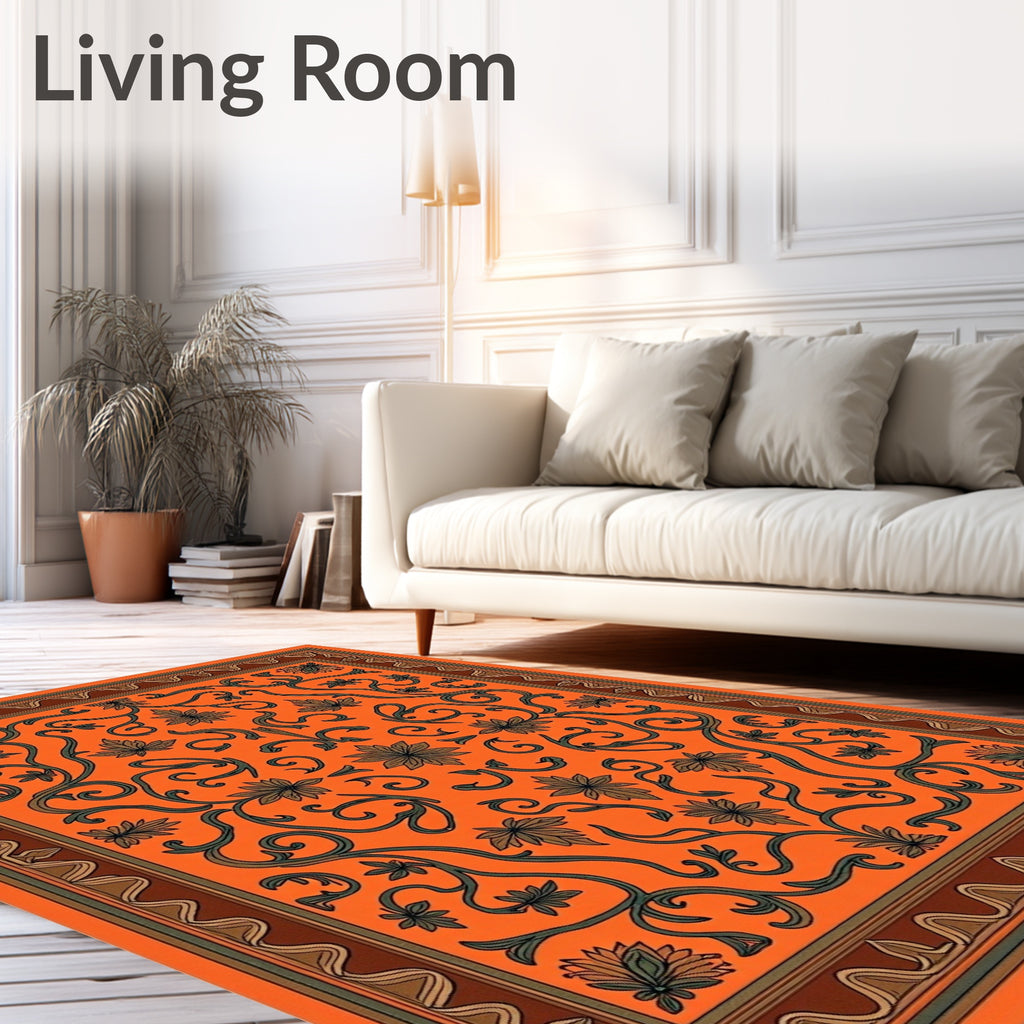 Vibrant Orange Floral Vine Medallion Rug