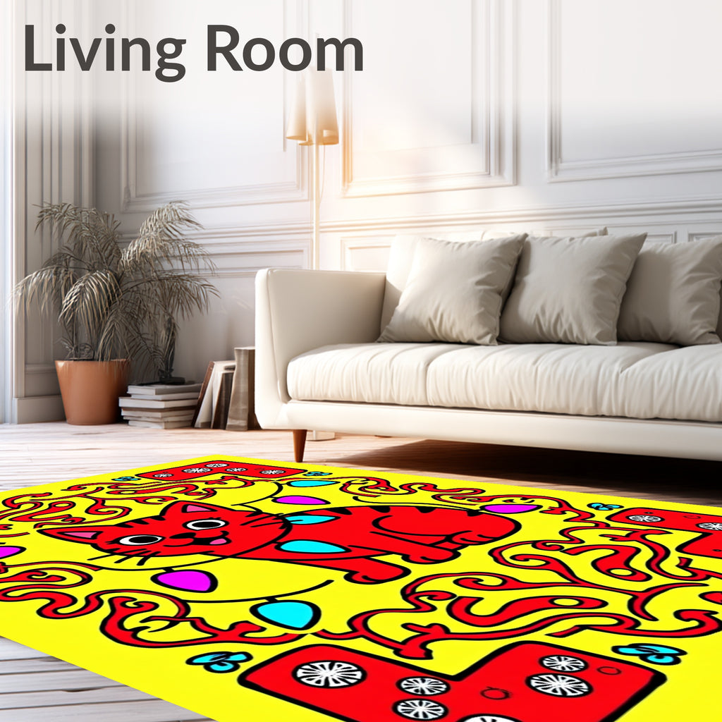 Red Whimsical Cat Holiday Lights Rug