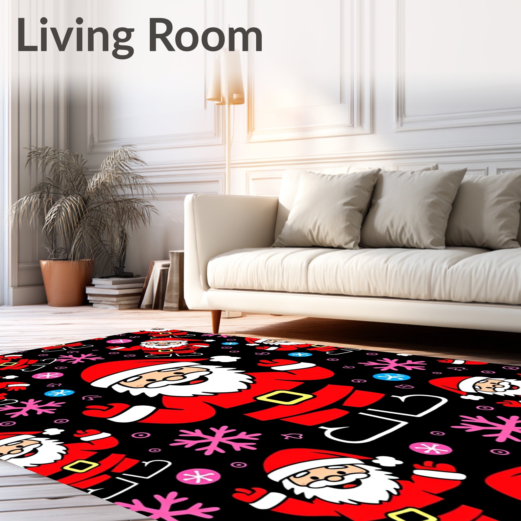 Playful Santa Claus with Snowflakes on Black Rug