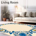 Blue Yellow Floral Leaf Swirl Border Rug