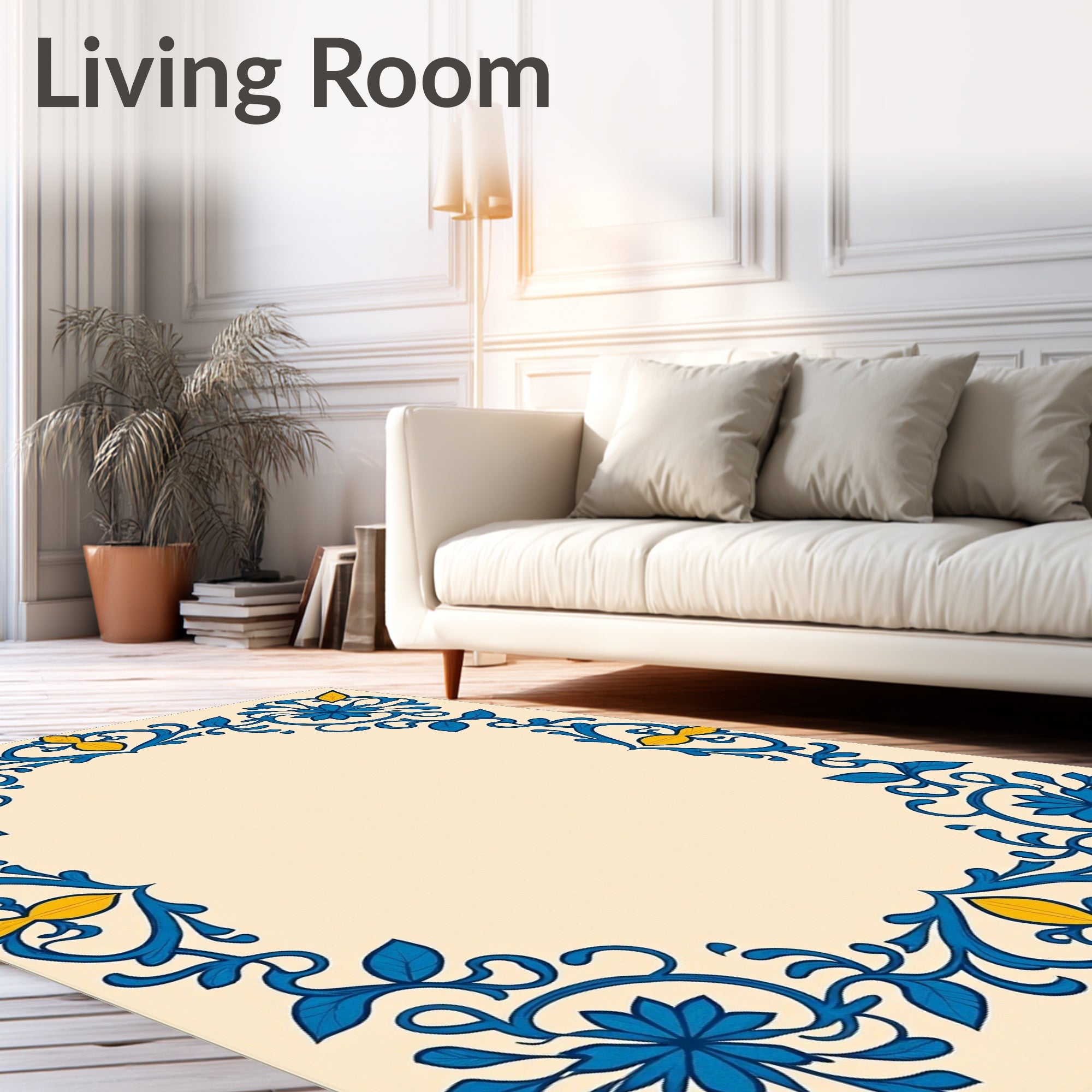 Blue Yellow Floral Leaf Swirl Border Rug