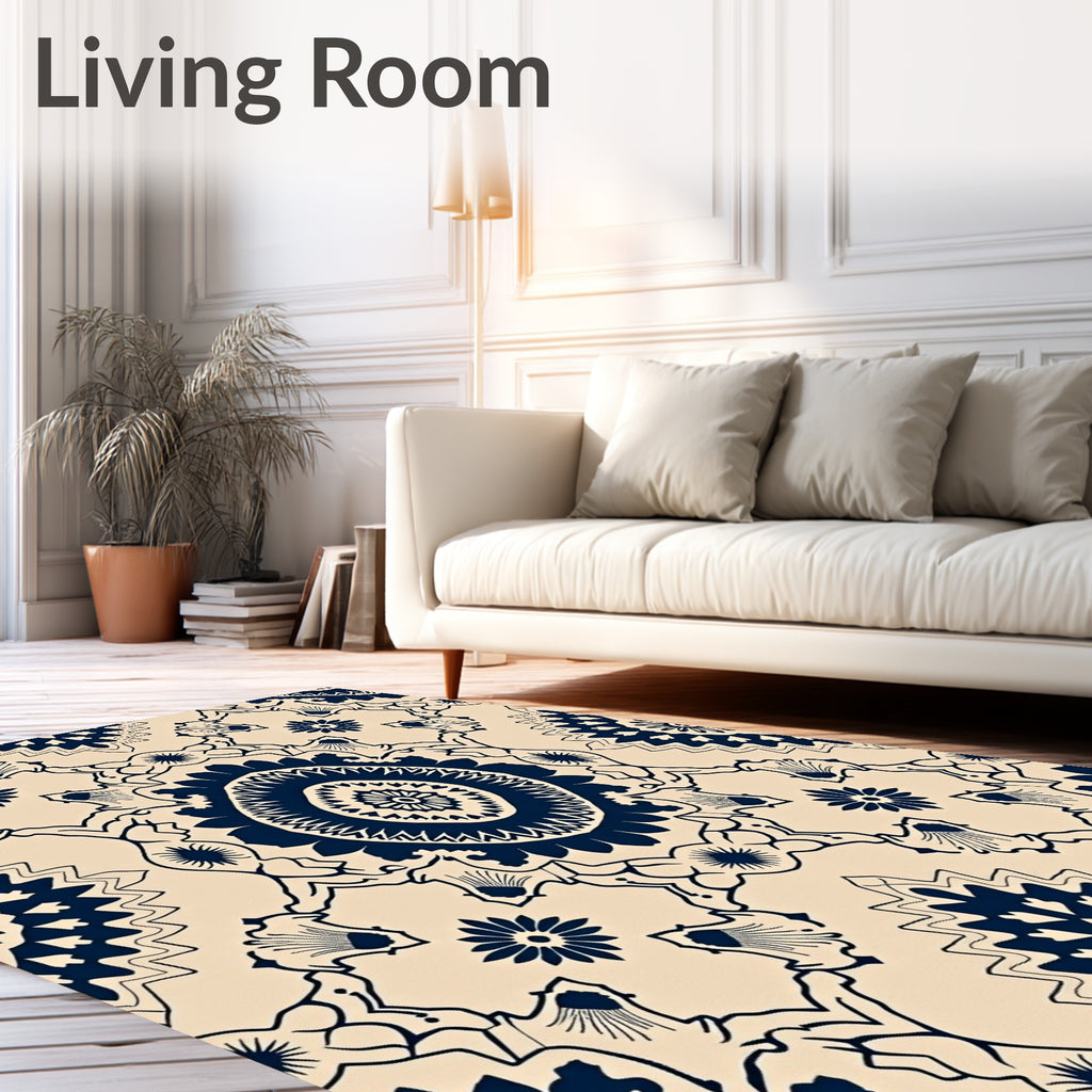 Navy Blue Medallion Floral Cream Rug