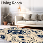 Navy Blue Medallion Floral Cream Rug