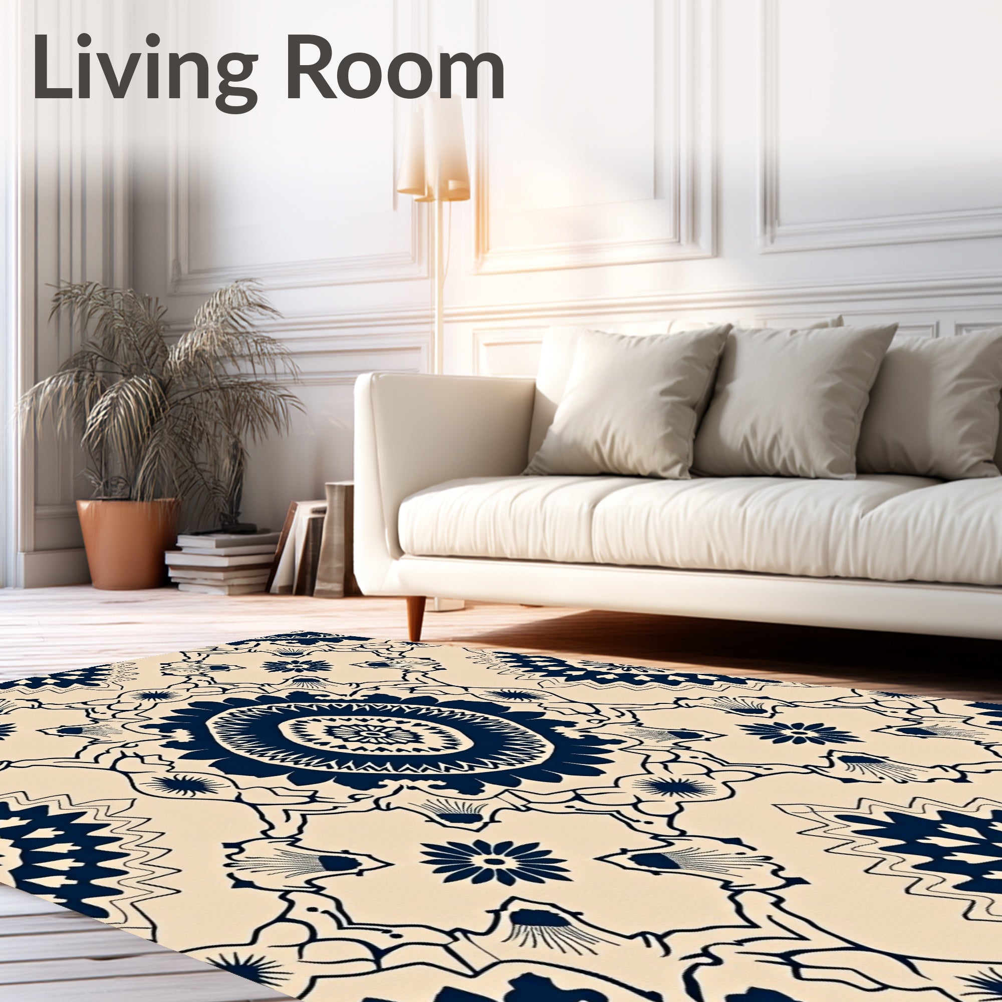 Navy Blue Medallion Floral Cream Rug