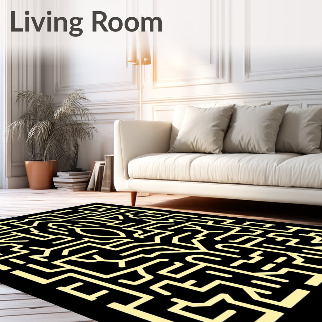 Black Yellow Abstract Maze Geometric Rug